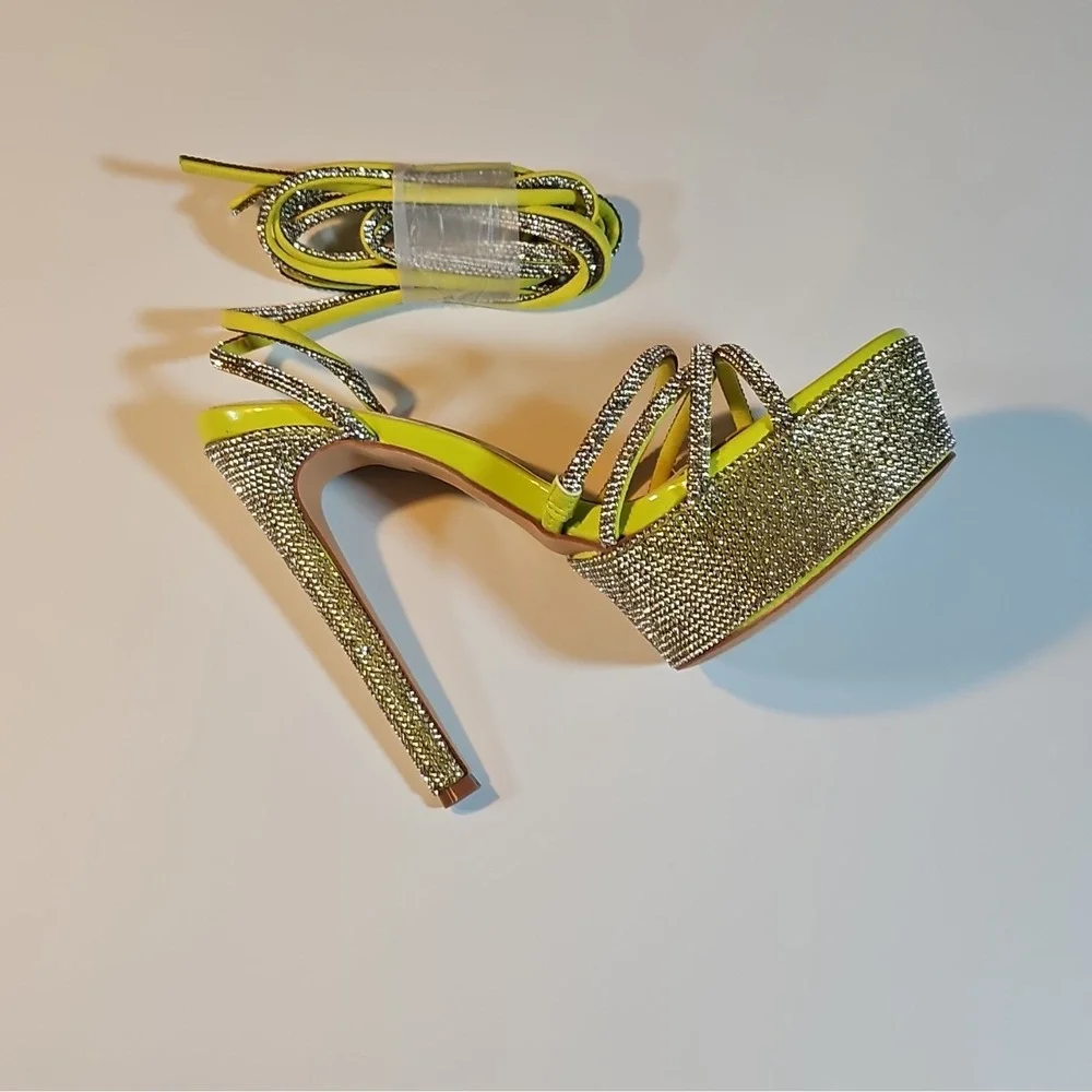 DDK Lime/Silver Synthetic Strappy Platform Stiletto Heel Ankle Strap 7
